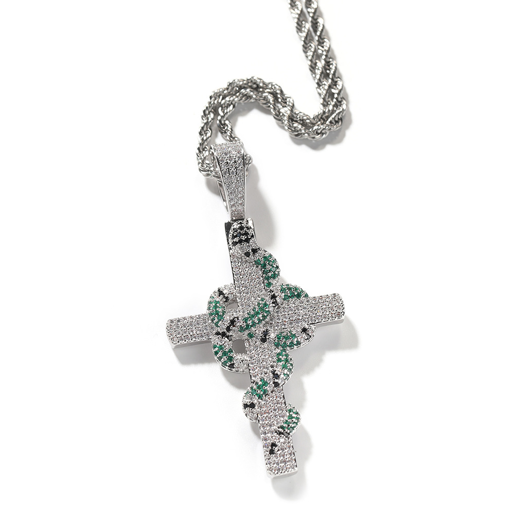 Hip Hop Colorful Snake Cross Pendant Necklace TopBling Full Cubic Zirconia Religious Jewelry