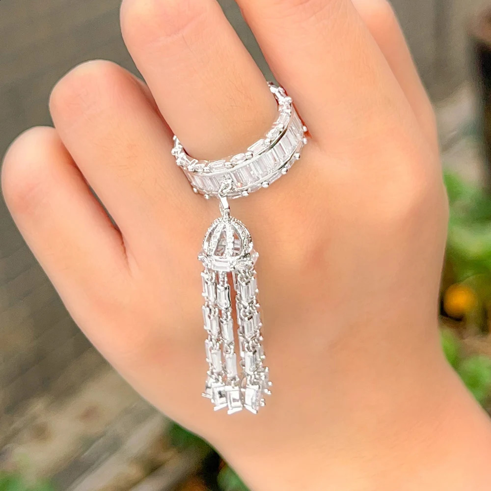 Three layer fashion cubic zirconia long tassel charm elegant engagement ring female bride wedding ball jewelry R225 240723