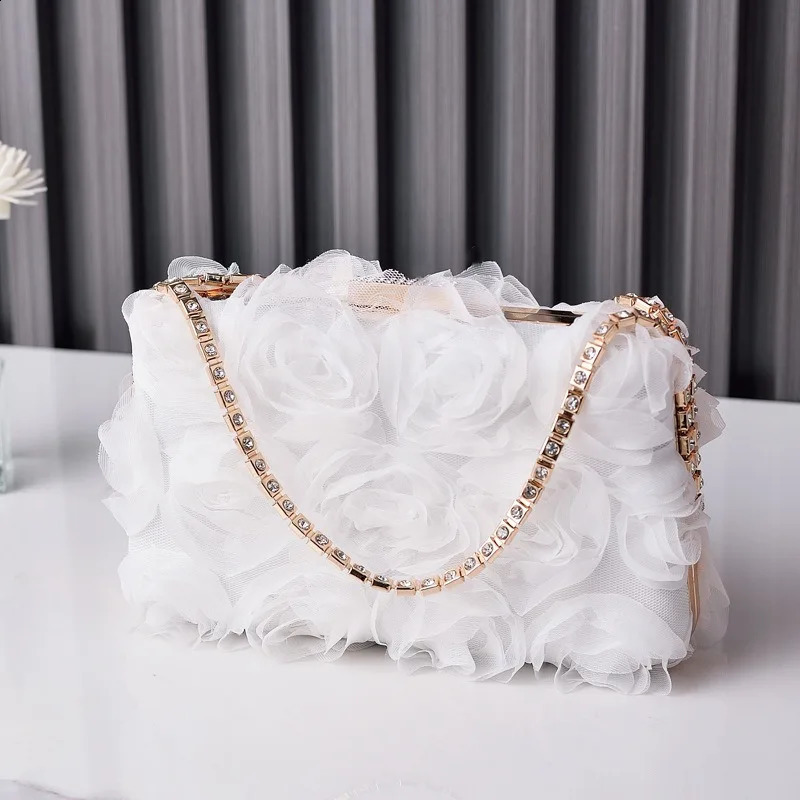 3D Flower Chiffon Evening Handbag Champagne Womens Wedding Dress Purse Diamond Chain White Clutch Soft Fabric Bolso Fiesta Pink 240729