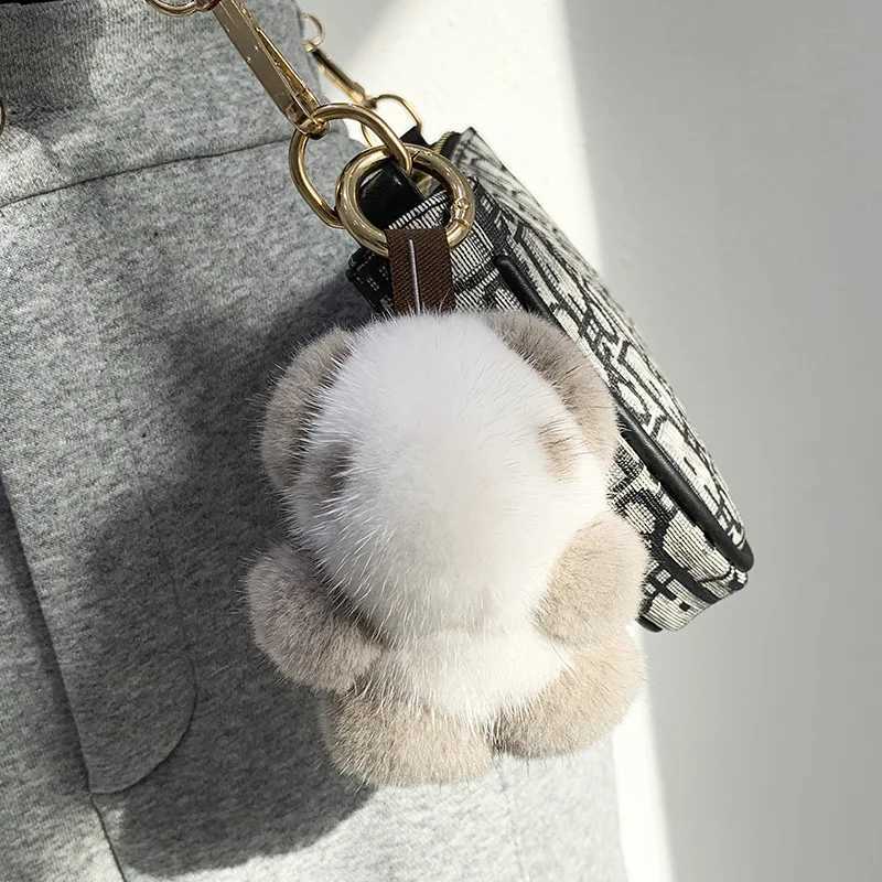 Women Bag Charm Trinkets Car Metal Key Rings Rear View Mirror Ornaments Cute Real Mink Fur Keychain Plush Panda Pendant Kids ToyL240729