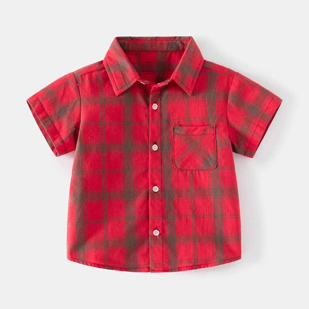 Baby boy fashion grid element style short sleeved soft skin friendly casual collar summer shirtW240729