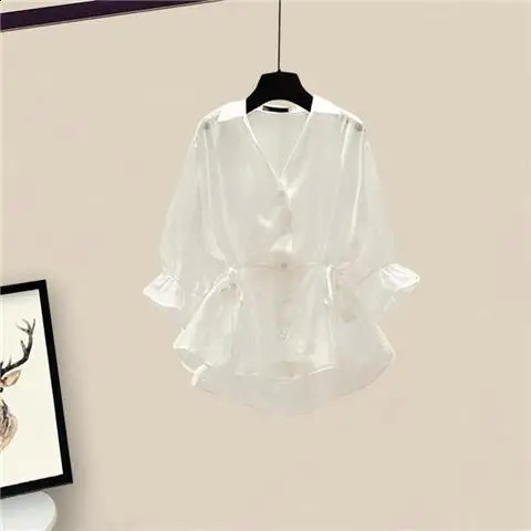 Large Size Summer Womens Suit French Shirt Waist Up Slimming Half Skirt Two Piece Set for Woman Skirts 240729