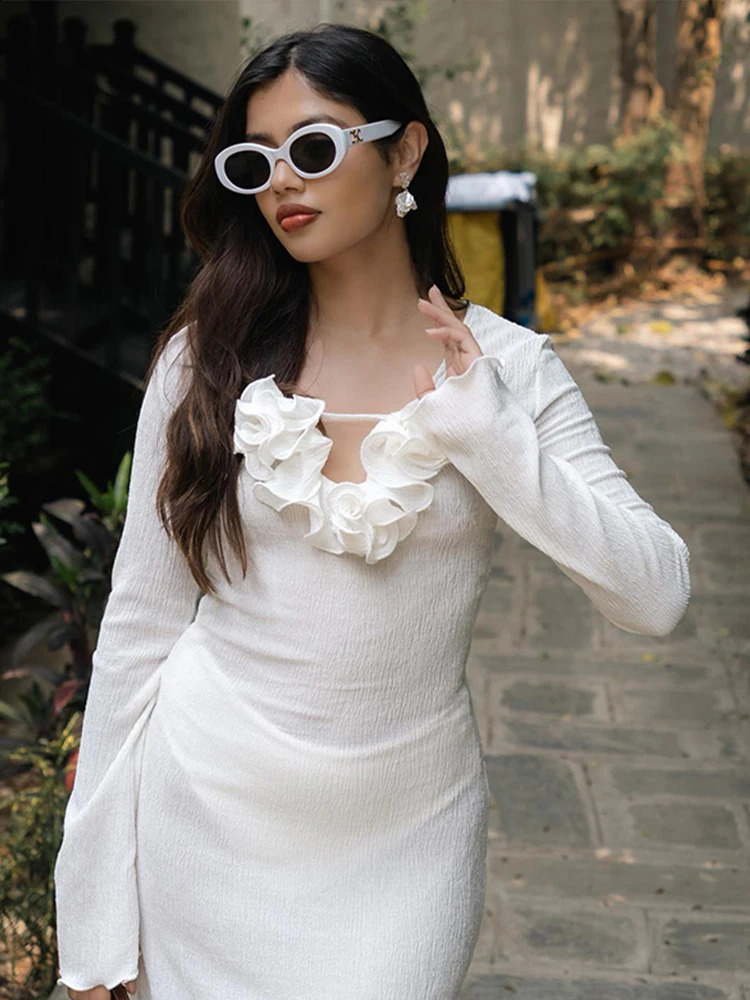 3d Floral V-neck Women Maxi Dress Solid Long Sleeve Split Slim Female Dresses 2024 Spring Summer Beachwear Ruffles Lady Robe 240729