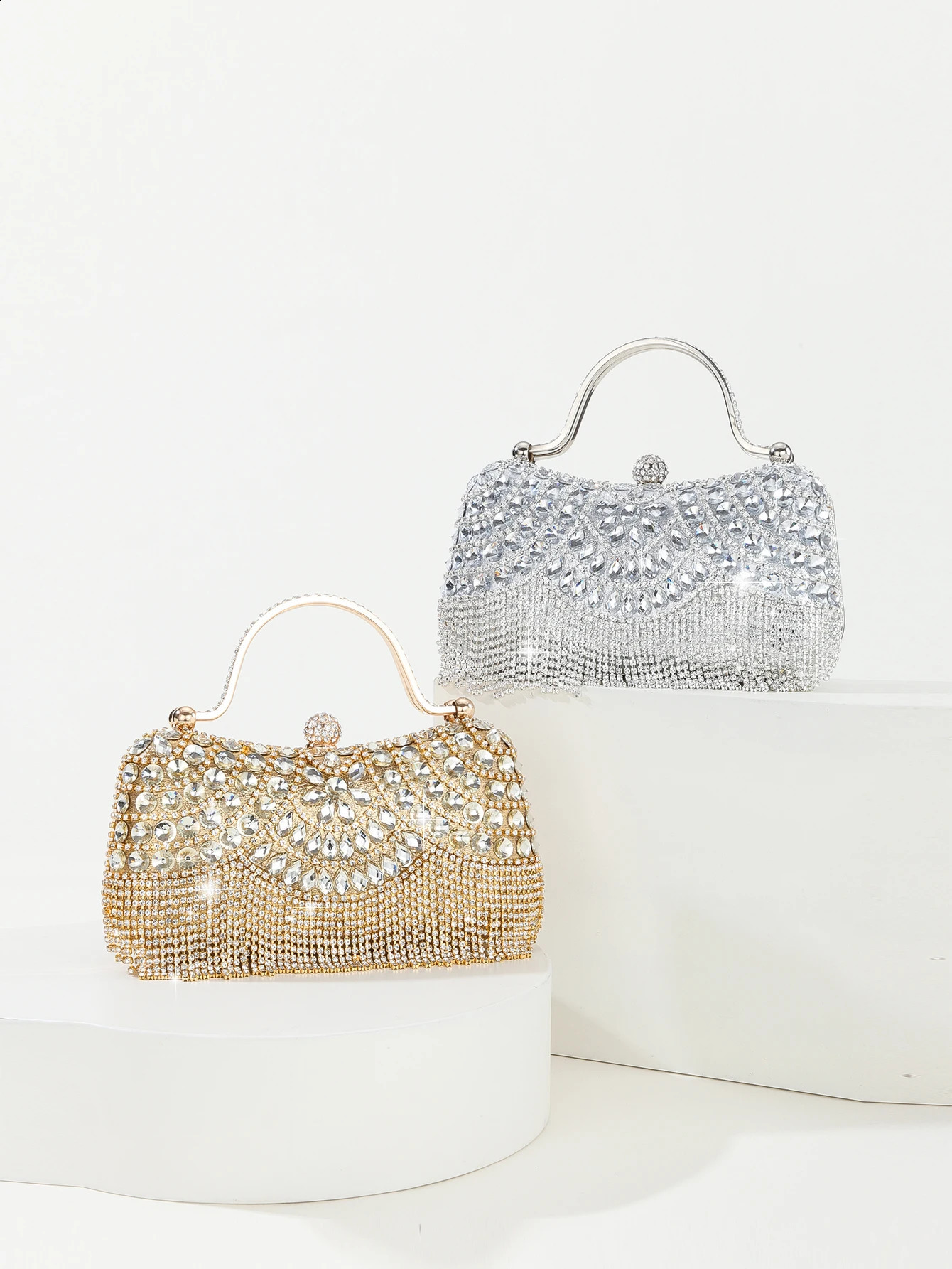 Gorgeous and shiny diamonds rhinestones tassels handle evening bags for party wedding 240729