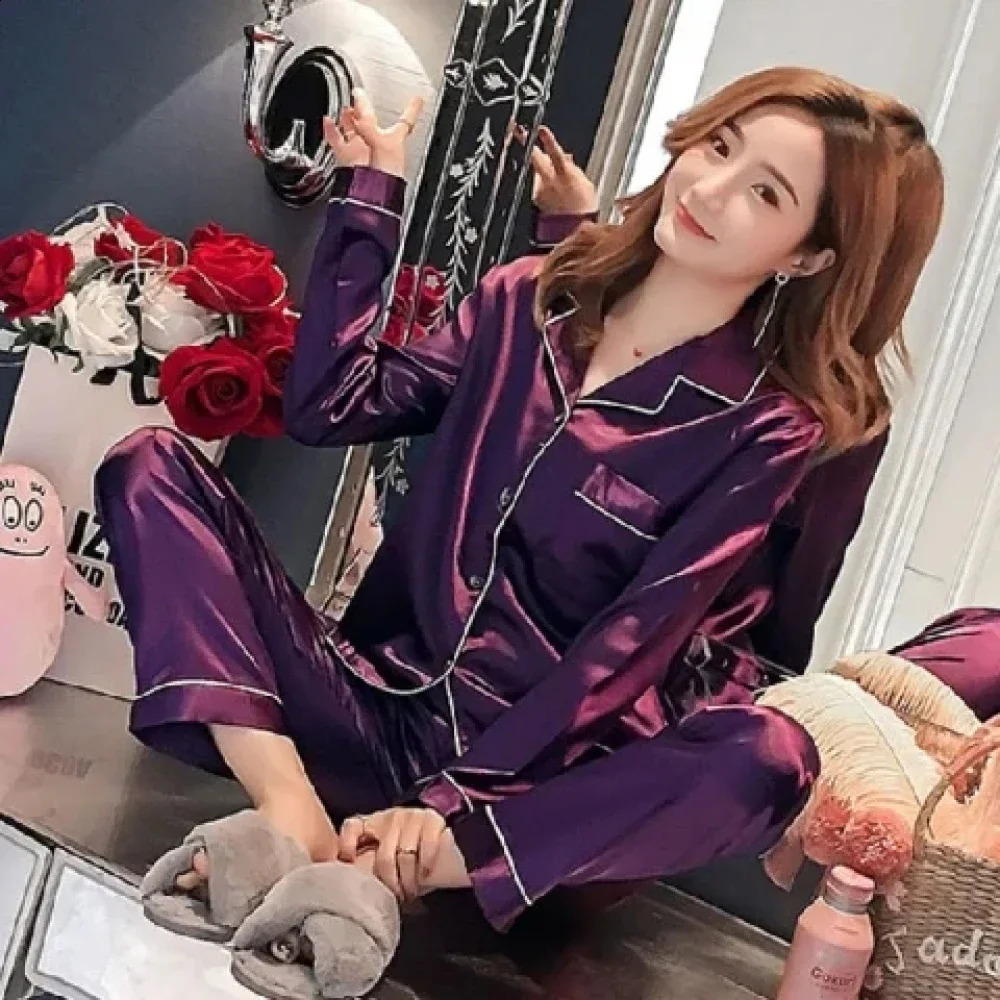 M-5XL Solid Women Pajamas Elegant Classic Fashion Casual Female Sleepwear Spring Fall Long Sleeve Pants House Clothes 240729