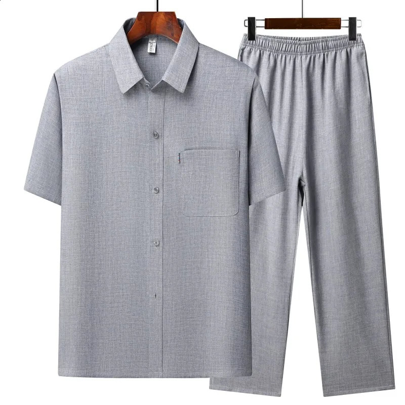 Tang Suit Summer Mens Chinese Style Solid color Short-Sleeved Suit Casual Fashion Cotton Linen Shirt Pants 2-piece Set 240729