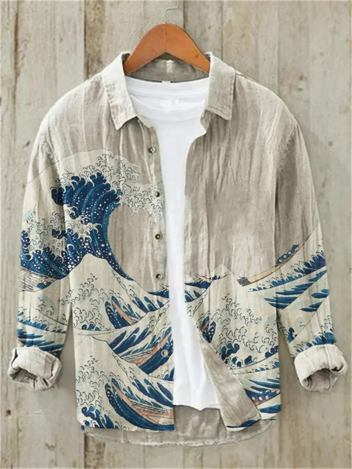 Kanagawa Vintage Linen Blended Cardigan Shirt Mens 3D Printed Polo Collar Long sleeved Hawaiian Shirt 240729