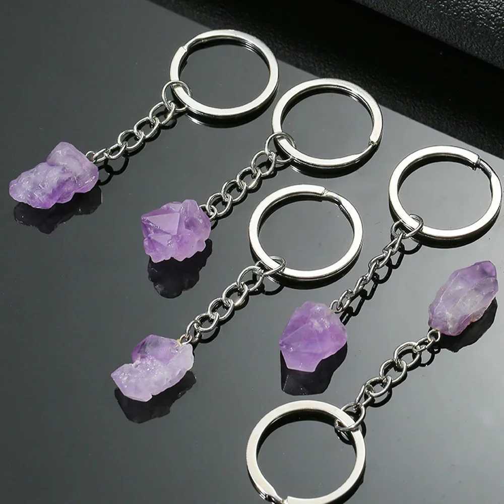 Natural Amethyst Flower Keychains Crystal Healing Stone Keychain Irregular Rough Quartz Reiki Healing Gemstone Dangle PendantL240729