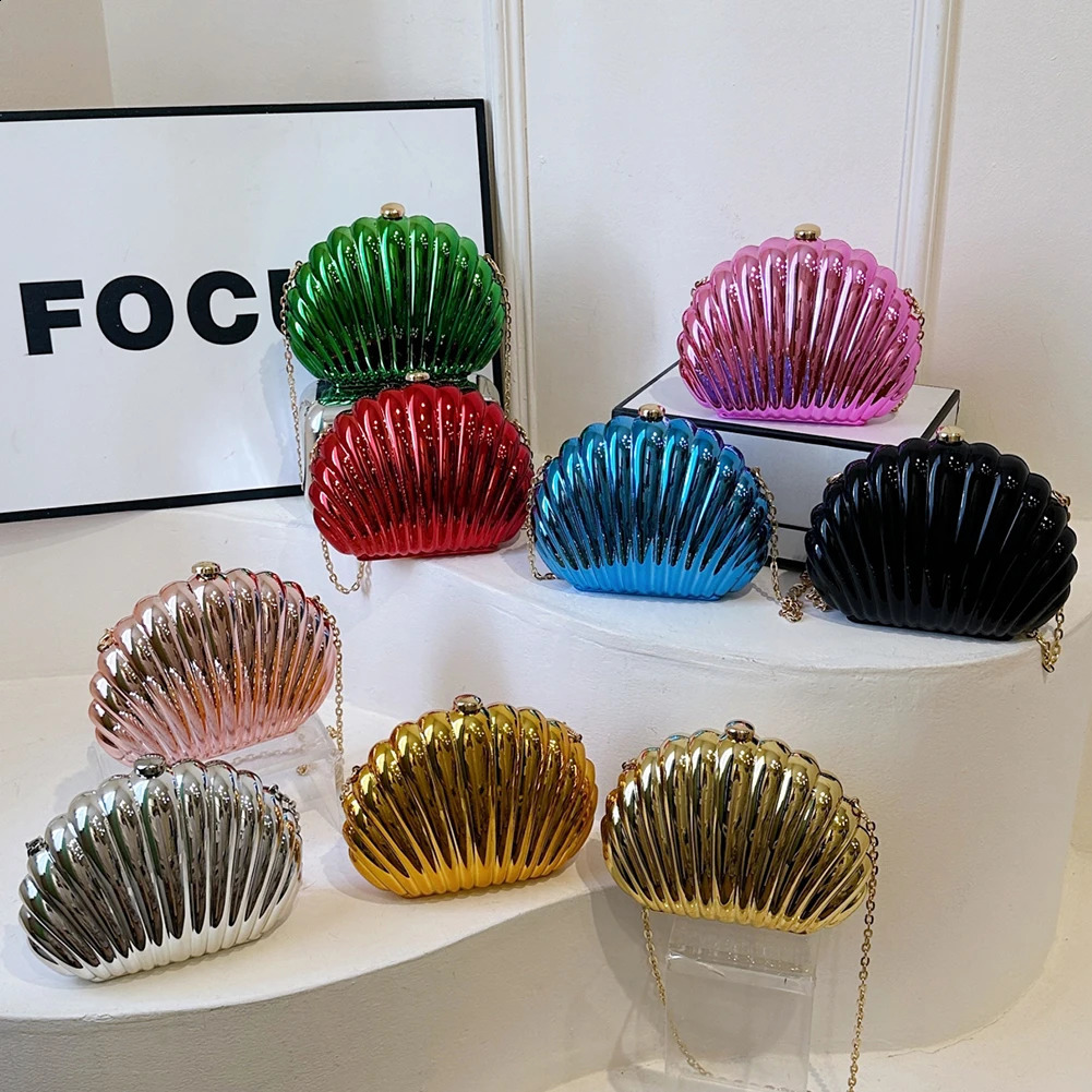 Seashell Evening Bag Women Acrylic Metallic Shoulder Detachable Chain Handbag for Wedding Cocktail Party Prom Satchel Purse 240729