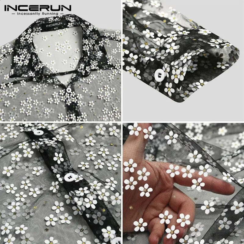 INCERUN Fashion Men Mesh Shirt Long Sleeve Transparent Printing Casual Loose Tops Streetwear Lapel Party Clubwear Tops Casmias 240729