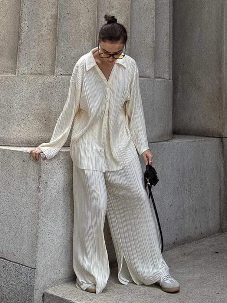 Oversized Pleated Pants Sets Women Long Sleeve Single Breasted V Neck Shirt Wide Leg Trousers Fashion Two 2 Piece Set Outfits 240729