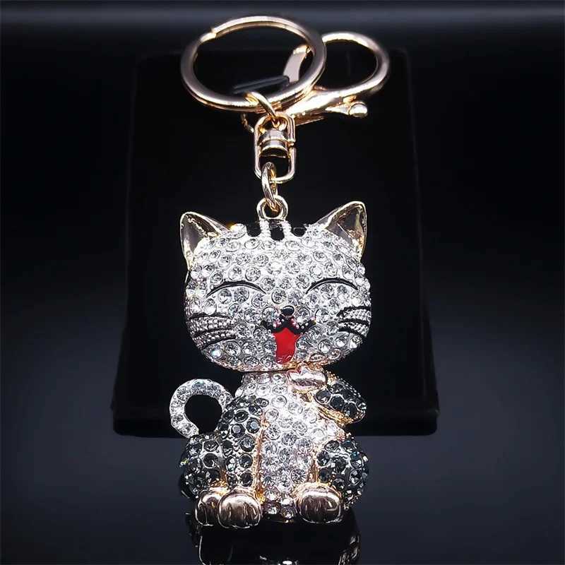 Cartoon Cat Keychain Rhinestone Gold Color Cute Kitty Keyring Holder Creative Gift Fashion Jewelry llaveros para mujerL240729