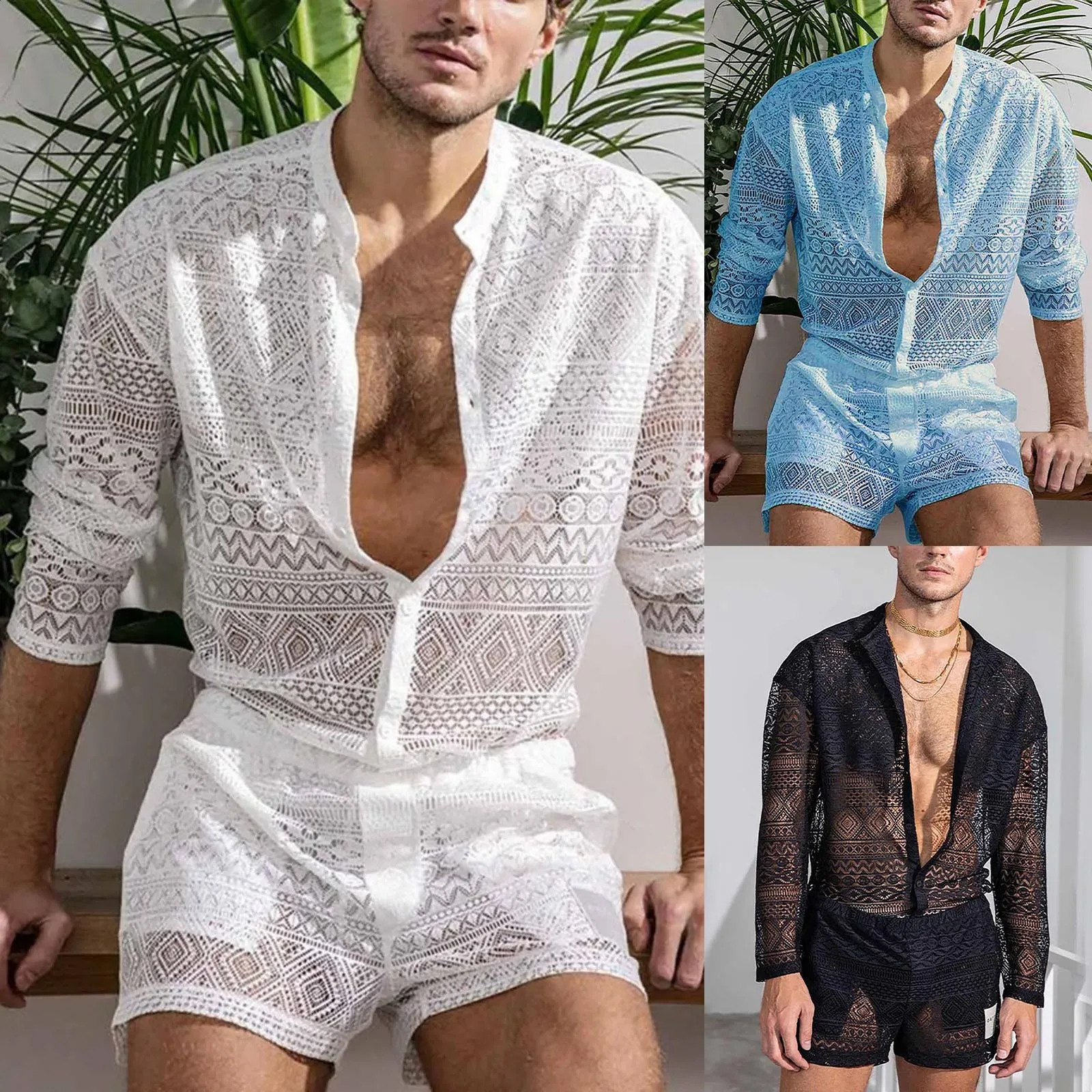 Summer mens sexy and fashionable twopiece solid color lace dress worn through hollow short sleeves loose pocket shorts set 240729