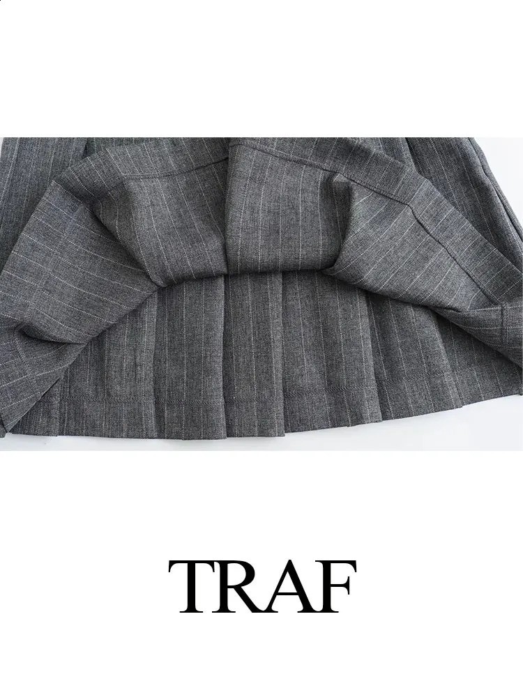 TRAF Spring Womens Fashion Grey 2piece Set Knitted Pocket Ultra Thin Jacket CoatZipper Versatile Mini Skirt 240819