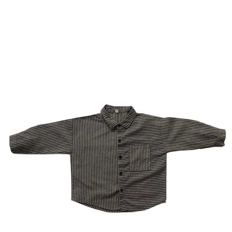 Autumn new childrens long sleeved lapel shirt baby boy linen cotton casual top fashionable girl striped loose jacket childrens clothingW240729