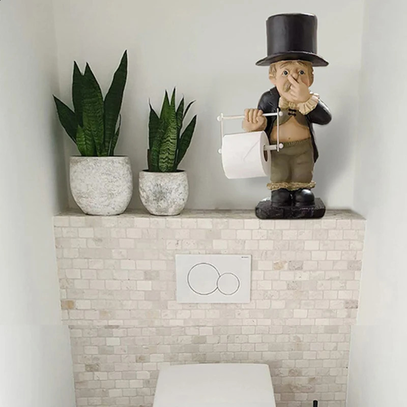 Stinky Butler Holding Nose Resin Sculptures with Roll Paper Holder Stand Primitive Figurine Home Table Bathroom Decorations 240719