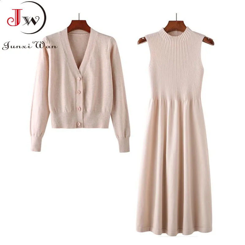 Women Suit Knitted Sweaters and Dress Two Pieces Set Autumn Winter Solid Casual Knitwear Cardigans Jumpers Pull Femme 240729