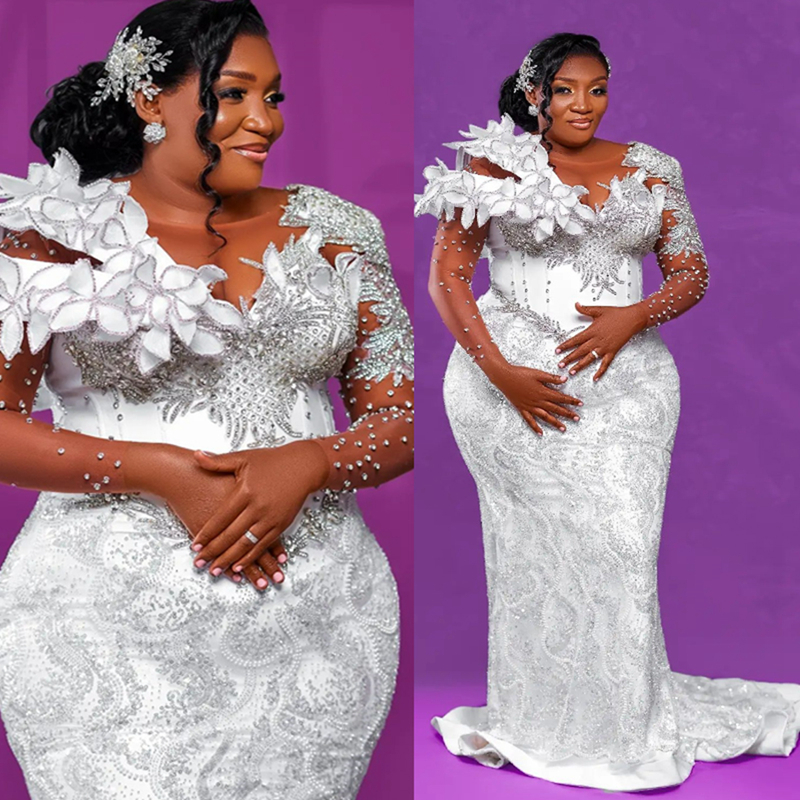 2024 Plus Size Mermaid Dress Bridal Bride Illusion Sheer Neck Bead Pearls Rhies Decorated Beaded Lace Ruffle Wedding Gowns for Marriage