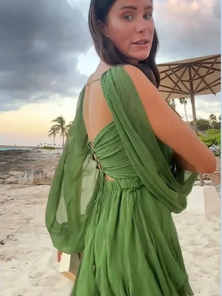 Sexy Green Pleated Mini Dress for Women Elegant V-neck Split Long Sleeve A-line Dresses Summer Lady Solid Backless Lace Up Robes 240729