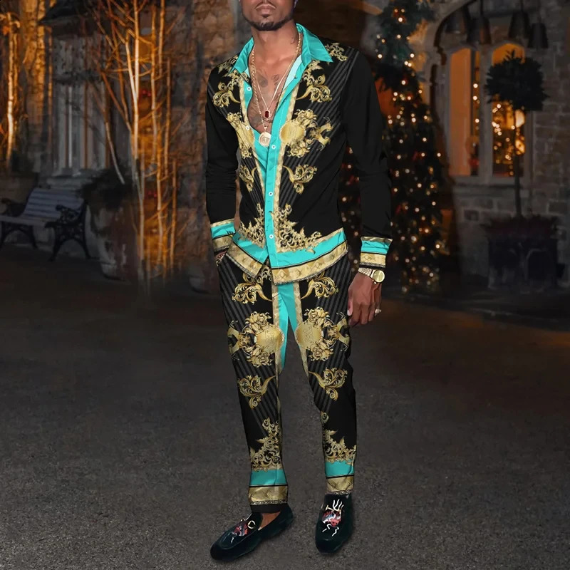 Mens Shirt Suits 3D Print Retro Harajuku Fashion Men Casuan Breathable Lapel Long Sleeve Pants Two Piece Set y240830