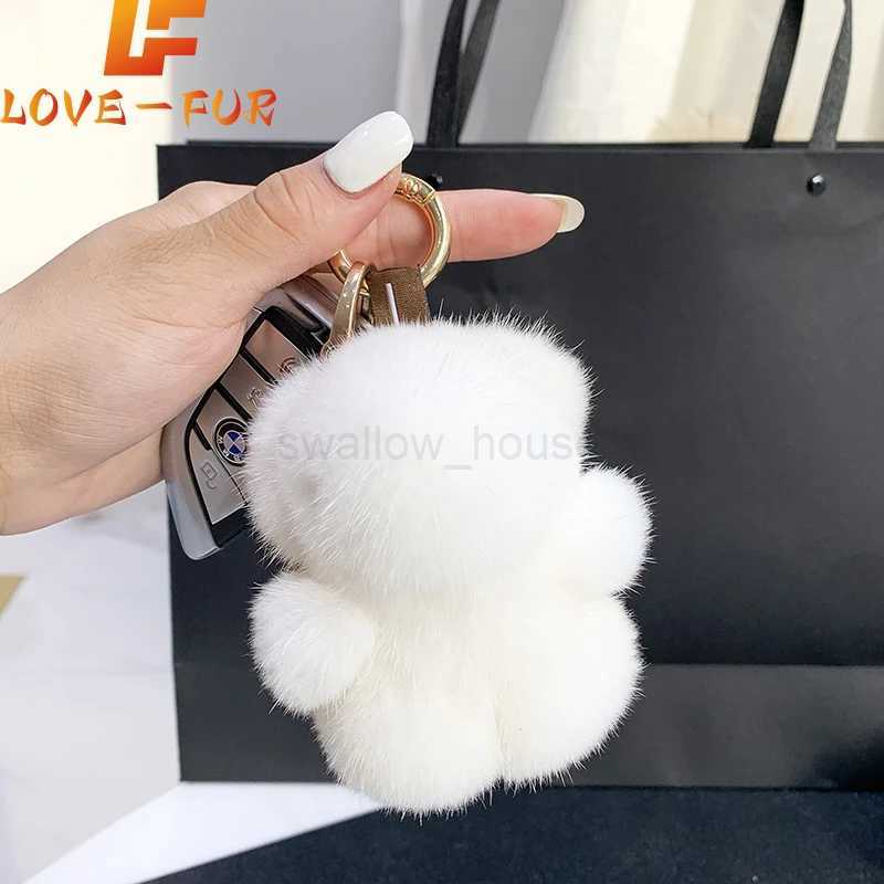 Women Bag Charm Trinkets Car Metal Key Rings Rear View Mirror Ornaments Cute Real Mink Fur Keychain Plush Panda Pendant Kids ToyL240729