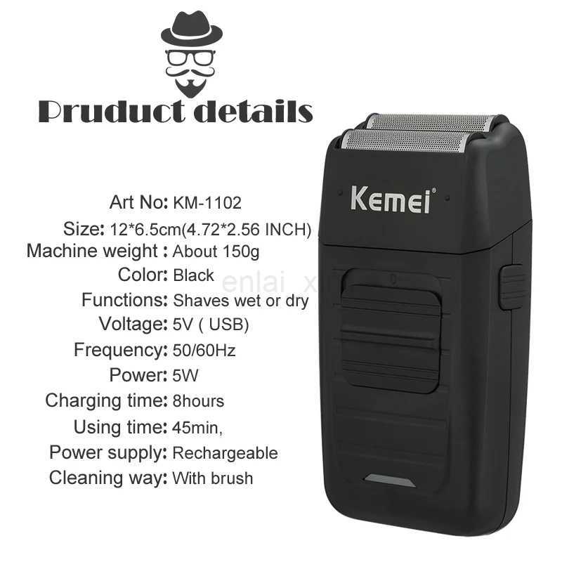 Kemei Electric Shaver For Men Classic Razor Rechargeable Beard Trimmer KM-1102 Dry Or Wet ShaverY240729