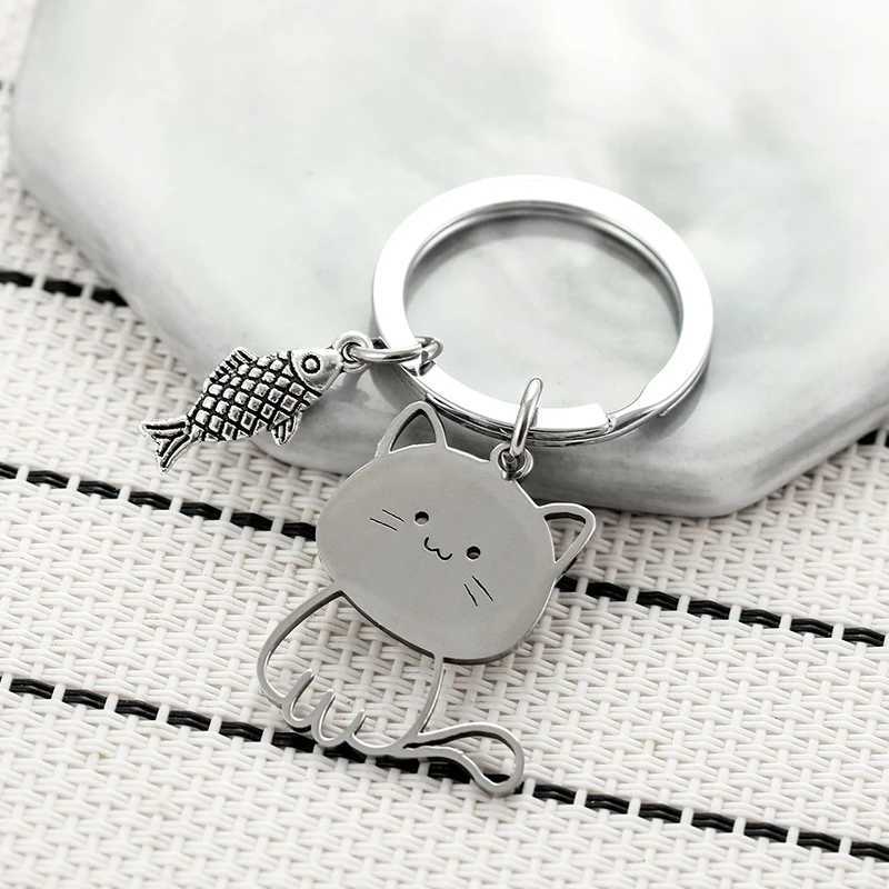 Funny Cartoon Cat Fish Keychain Couple Lovers Stainless Steel Keyring Lovely Pendant Key Chain Valentines Day Gift JewelryL240729