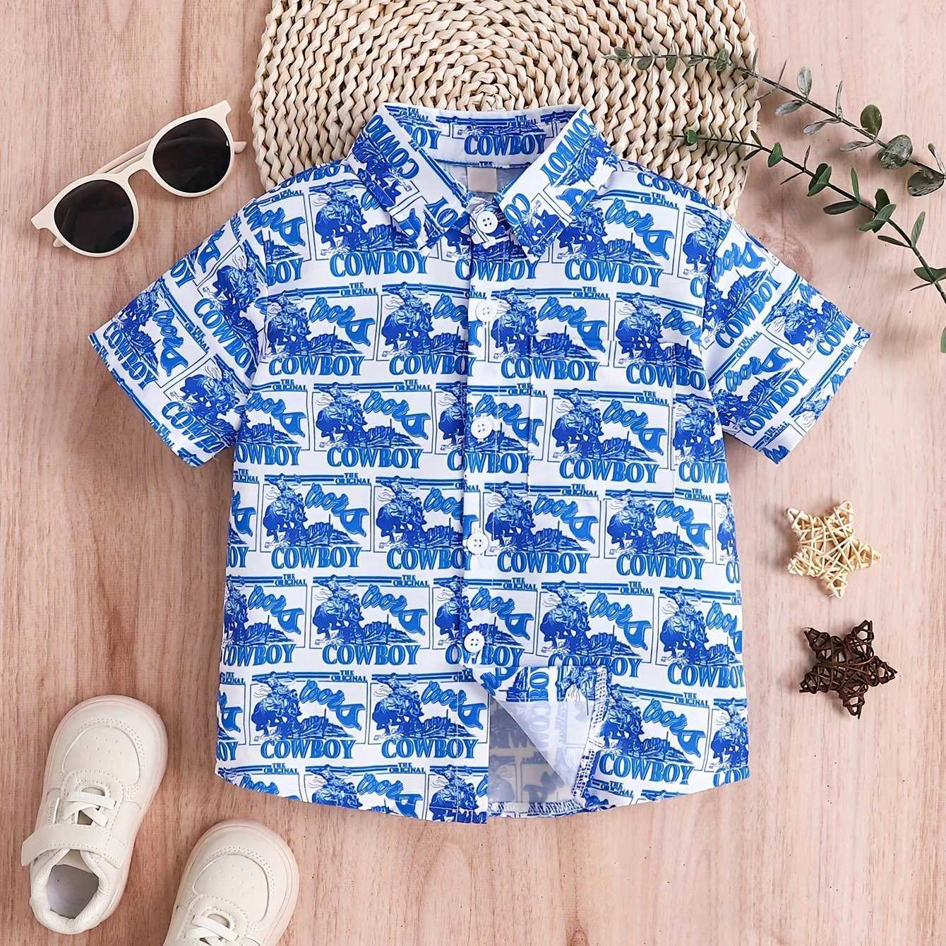 Boys casual short sleeved shirt printed summer fashion themed colorful pattern top childrens boys clothingW240729