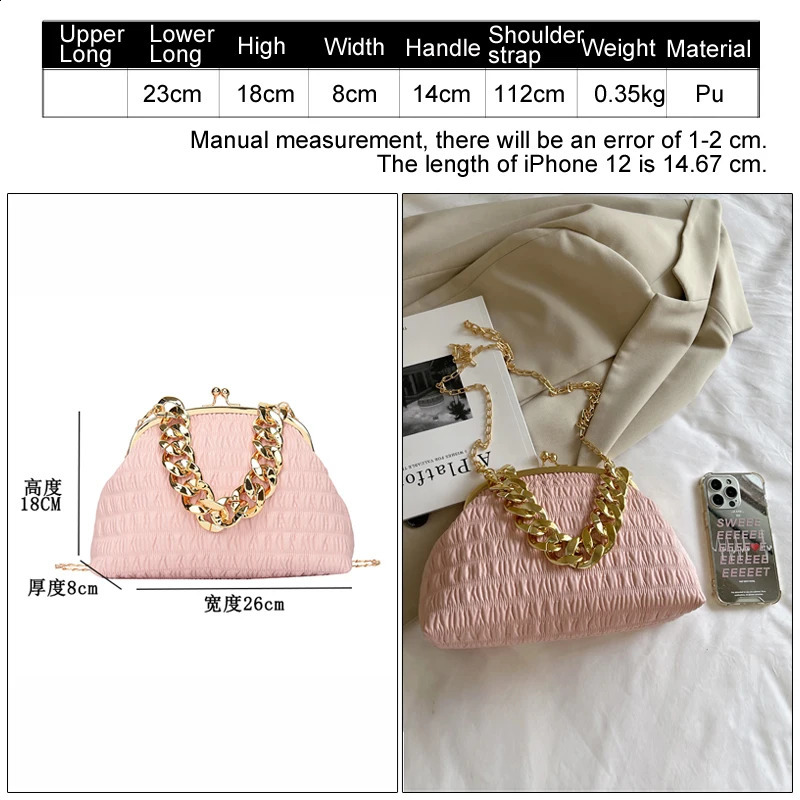 Shoulder messenger Bag Gold chunky necklace womens bag Pleated Gold metal frame clip bags for women small fashion lady handbag 240729