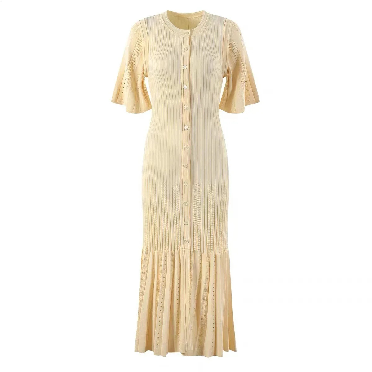 Hollow Out Knitted Maix Dress Women Short Sleeved Single Breasted Slim Dresses Autumn Fashion Elegant Commuting Robes 240729