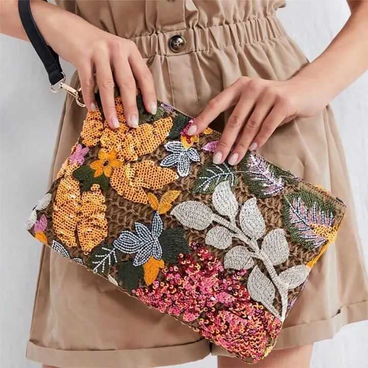 Fashion Embroidered Sequins Clutch Bag for Women Flower Straw Shoulder Crossbody Bags Summer Party Bag Vacation Big Purses 2024XJ240729