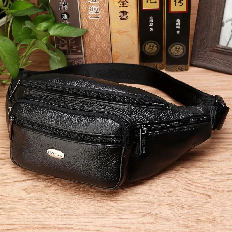Genuine Leather Men Waist Fanny Pack Bags Sling Chest Pocket Pouch Travel Hiking Male Real Cowhide Loop Hip Belt Bum Bag 240729