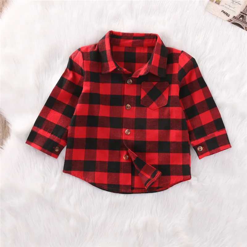 1-7 year old childrens long sleeved red and black plain collar top baby boys and girls Christmas shirt topW240729