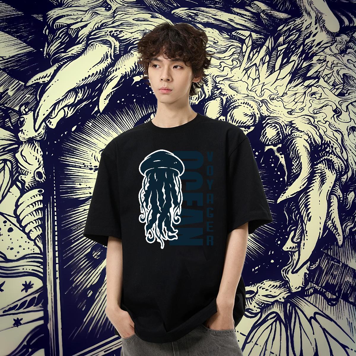 Loose Couples T Shirts 100% Cotton 230g High Street Hip Hop jellyfish Customized Print Breathable New T Shirts Men Top Tees