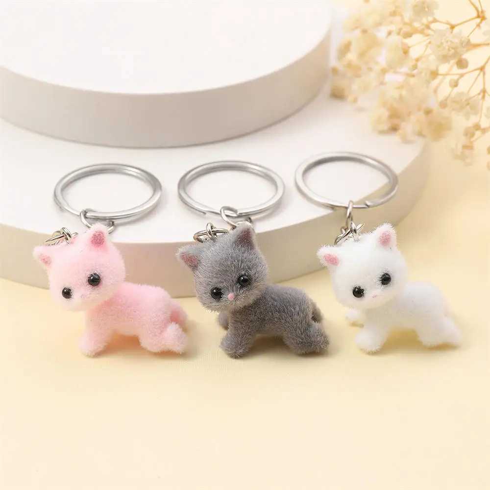 3D Cartoon Cute Cat Keychain Resin Flocking Kawaii Animal Car Key Bag Pendant Key Ring Souvenir Jewelry Gifts For Women MenL240729