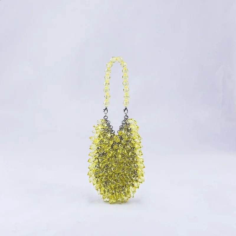 Fashion HandWoven Clear Crystal Acrylic Handbag Green Blue Yellow Handmade Summer Party Small Bucket Purse Evening Beaded Clutch 240729
