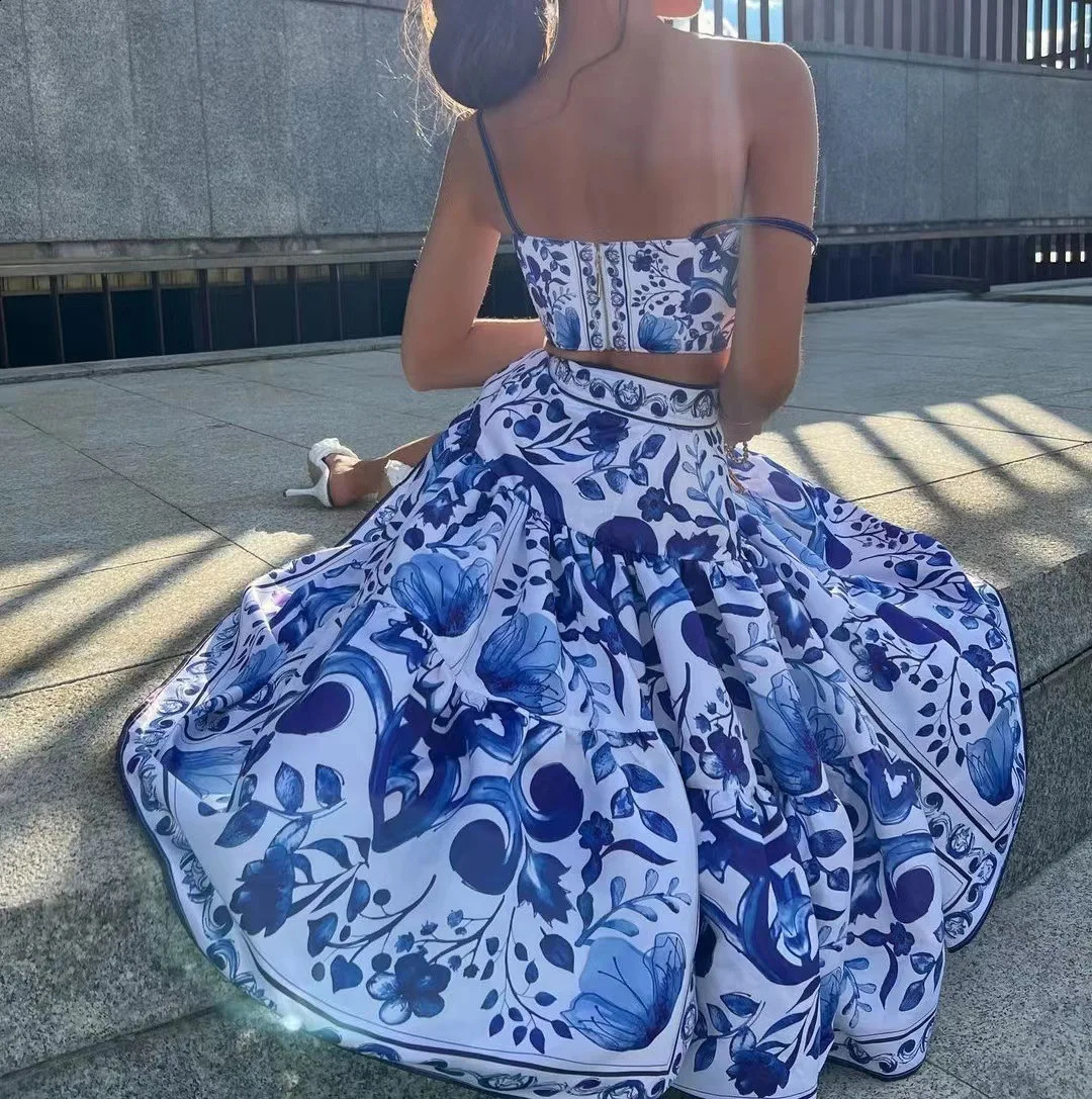 Runway Beach Wear Blue White Porcelain Print Floral Large Swing Straps Short Tops A Line Skirts Dress Two Piece Set Women 240729