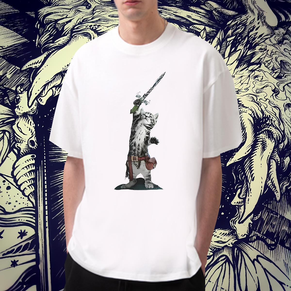 Classic Men Clothes T-Shirt 230g Cotton Beach cat Oversized 4XL Breathable Crew Neck Casual New T-Shirts for Men Tops Shirt