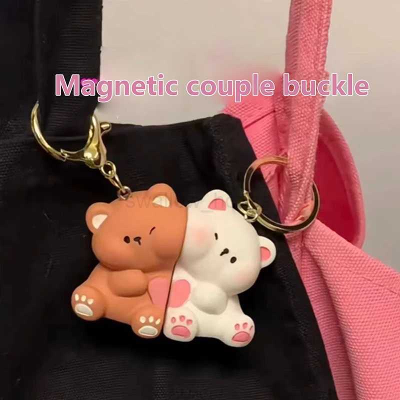 1Pair Cute Cartoon Love Bear Magnetic Suction Keychain Pendant Creative Bag Decoration Accessories Kawaii Couple Keyring GiftsL240729
