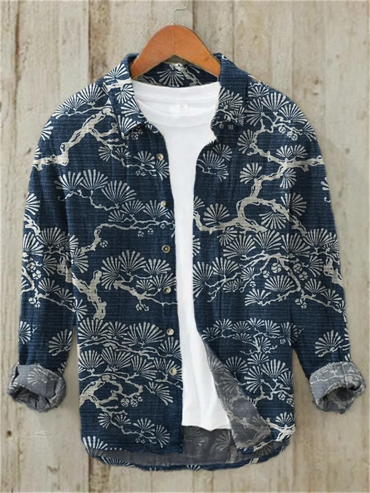 Kanagawa Vintage Linen Blended Cardigan Shirt Mens 3D Printed Polo Collar Long sleeved Hawaiian Shirt 240729