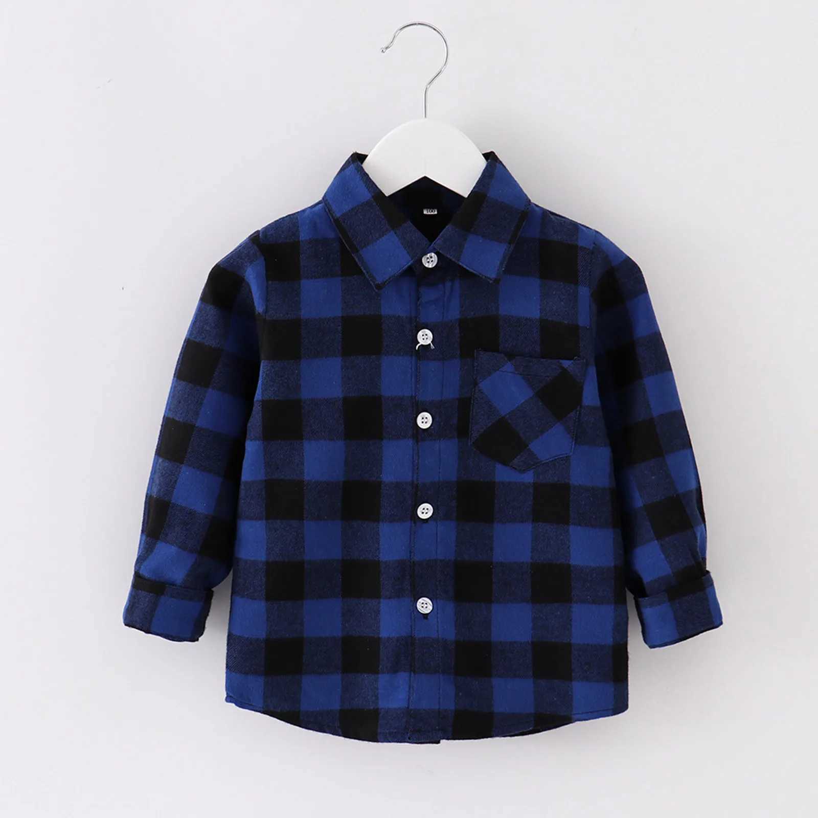 Childrens boys flannel plain shirt collar button up top baby boys and girls Y2k style long sleeved shirtW240729