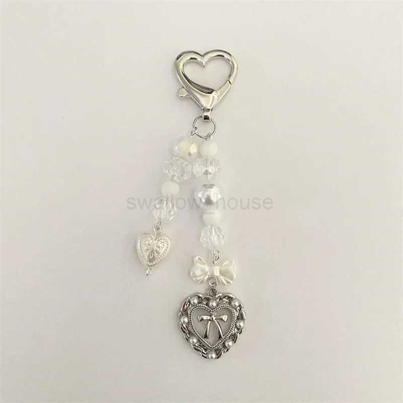 White pearl bow heart keychain handmade love keychain Lace Heart freshwater pearl crystal y2k coquette Aesthetic keychainL240729
