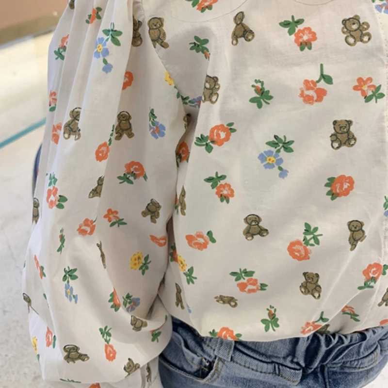 Children girls cotton shirts fashion flowers bear prints childrens and toddler tops long sleeved clothing summer and springW240729