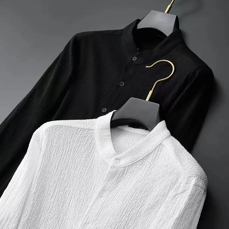 Spring Summer Fashion Suit Men Long Sleeve Casual Shirts And Pant Seersucker Striped Pleats Slim Handsome Two-piece Set 240816