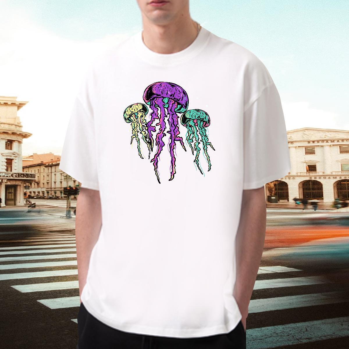 Wholesale Men Tshirts 100% Cotton 230g Casual Daily Wear jellyfish DIY Logo Oversized Crew Neck Breathable 2024 Summer Man T Shirts Clothes
