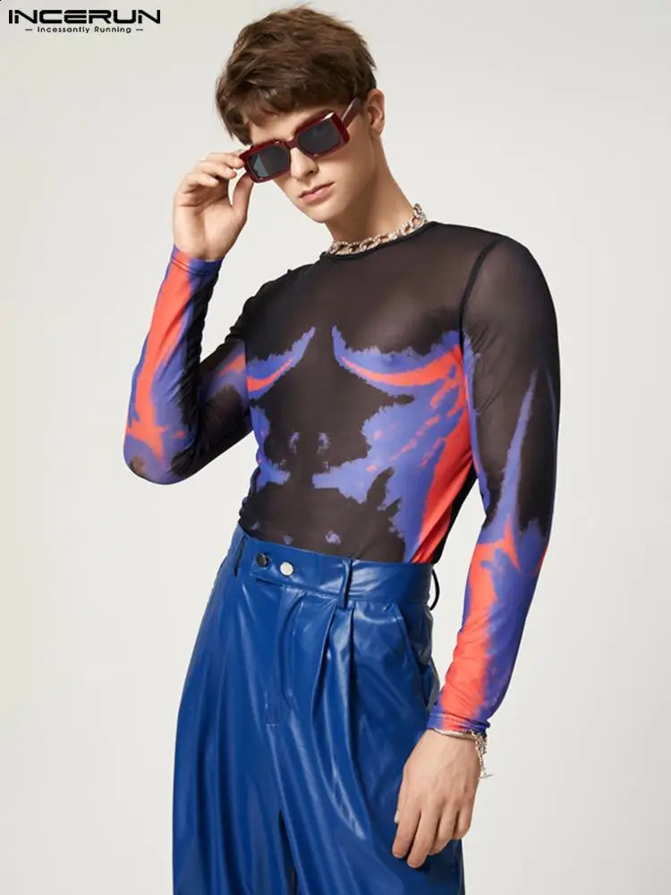 Casual Streetwear Style Tops INCERUN Handsome Mens Printed Pattern Mesh T-Shirts Fashionable Male Long Sleeve Thin Blouse S-5XL 240729