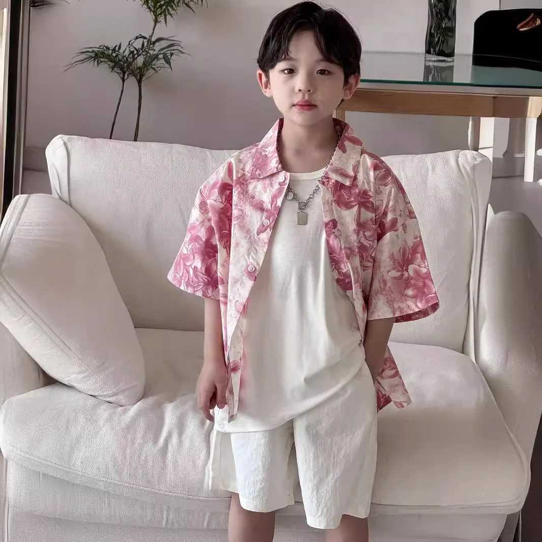 2024 Summer New Boys Korean Childrens Clothing Washed Cotton Fabric Pink Flower Printed Short Sleeve ShirtW240729