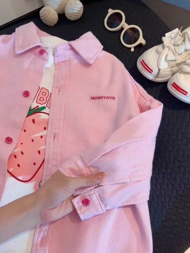 High end girls denim jacket spring and autumn 2024 new childrens clothing trendy casual shirts for little girls childrenW240729