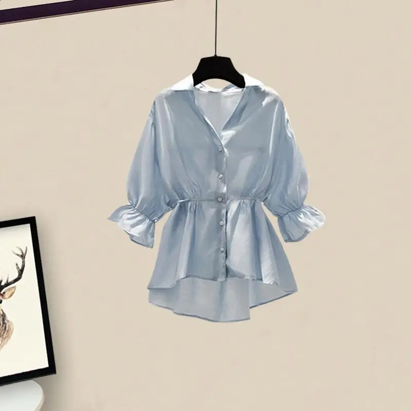 Large Size Summer Womens Suit French Shirt Waist Up Slimming Half Skirt Two Piece Set for Woman Skirts 240729