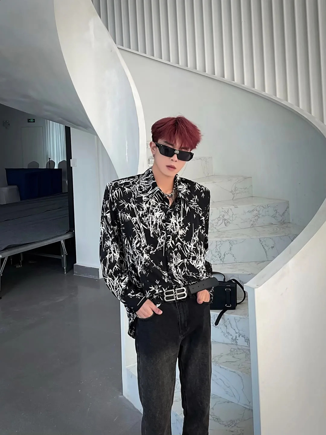 Mens Chinese Style Shirts Abstraction Cool Long Sleeved Summer Trendy Handsome Loose Fitting Ice Silk Flower Tops 240816